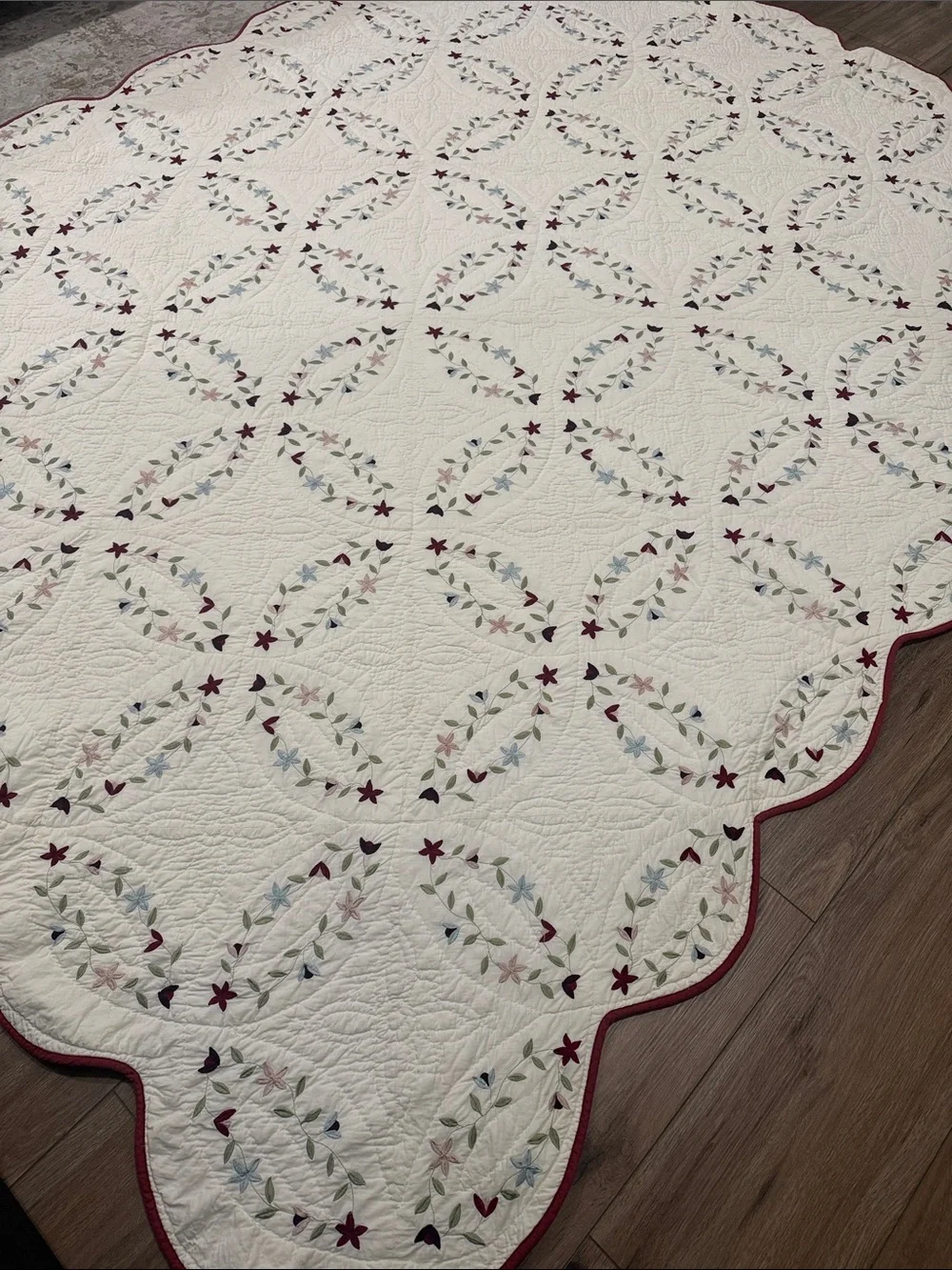 Handcrafted Quality White Quilted Bedspread with Multicolor Floral Appliqué
